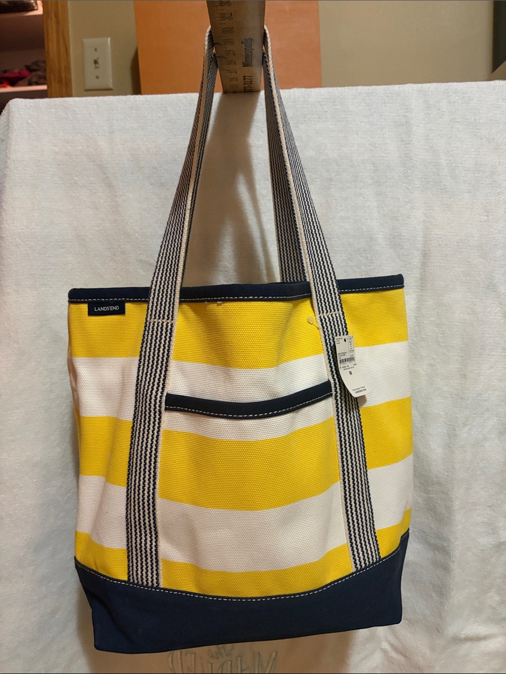 Lands' End Yellow & White Stripe Tote with Navy Trim read descripton